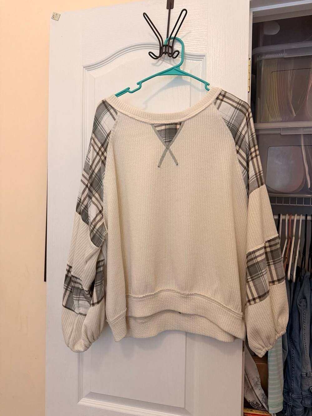 Blu Pepper Plaid Patchwork Sweatshirt Size L Cream Green Waffle Knit